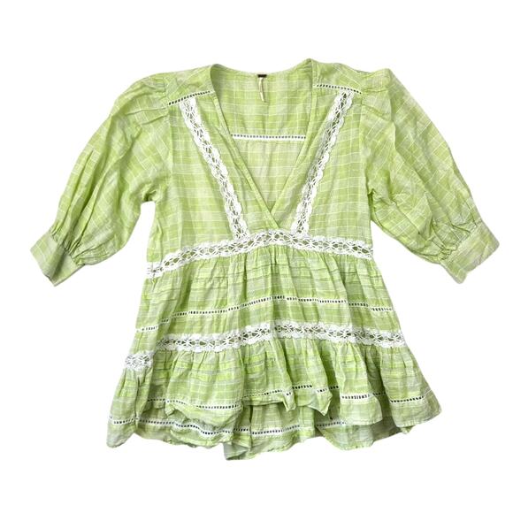 Free People Boho Cottage Core Blouse Time Out Lace Plaid Lime Tunic Top XS - Picture 1 of 5